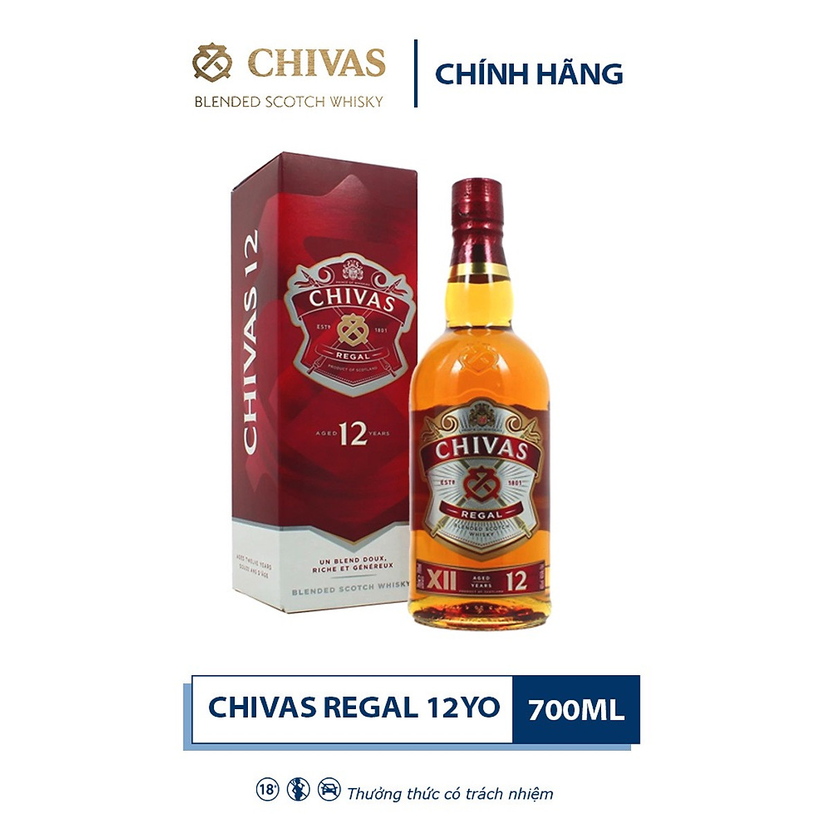 {Freeship 50K} Rượu Whisky Chivas Regal 12 (700ml) 39.7% - 40.3% - Kèm Hộp