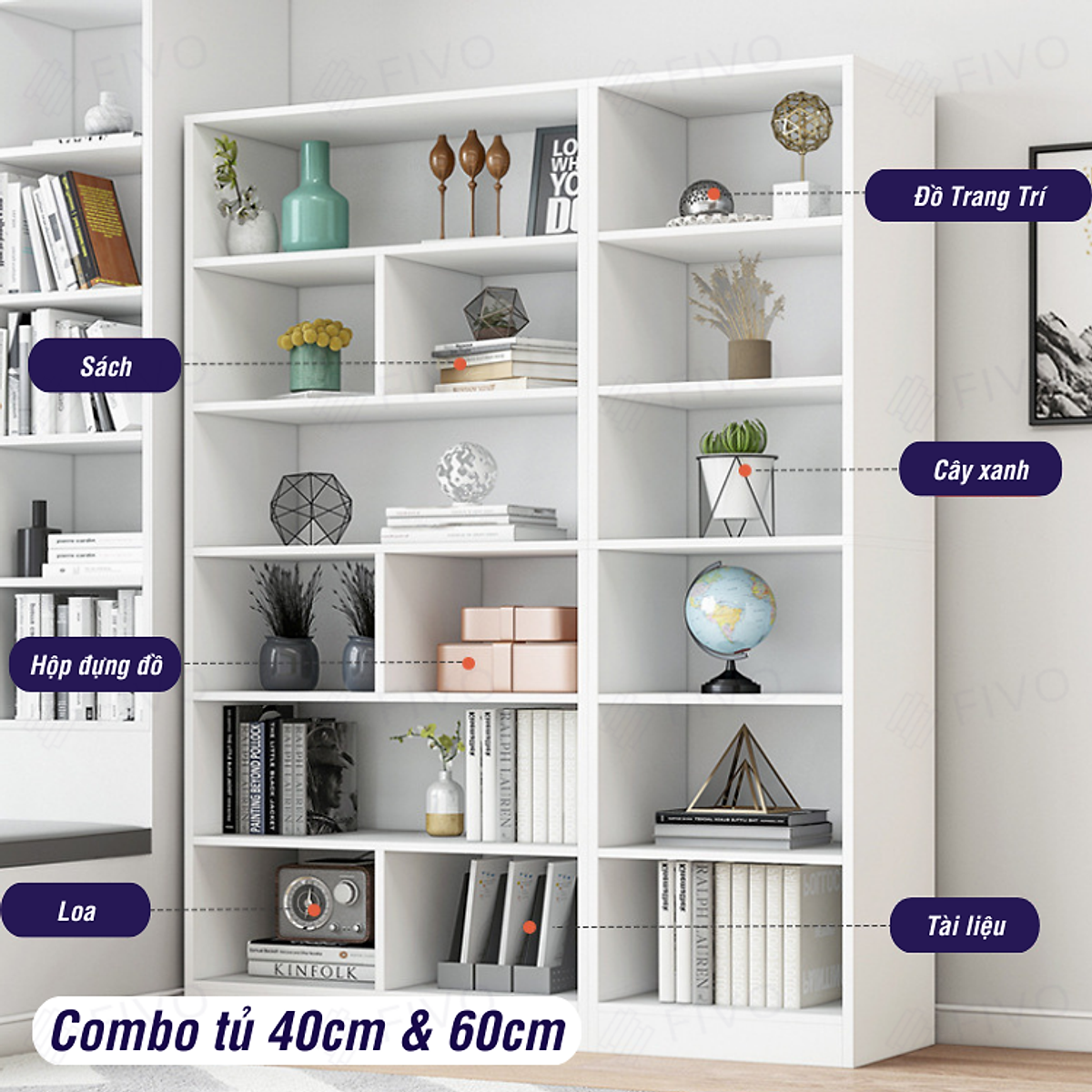 Giá Kệ Sách Để Sàn 5 Tầng Gỗ Cao Cấp Màu Trắng FIVO Mã FB70 Gỗ MDF Phủ Melamine Chống Thấm Bề Mặt Phù Hợp Với Nhiều Không Gian