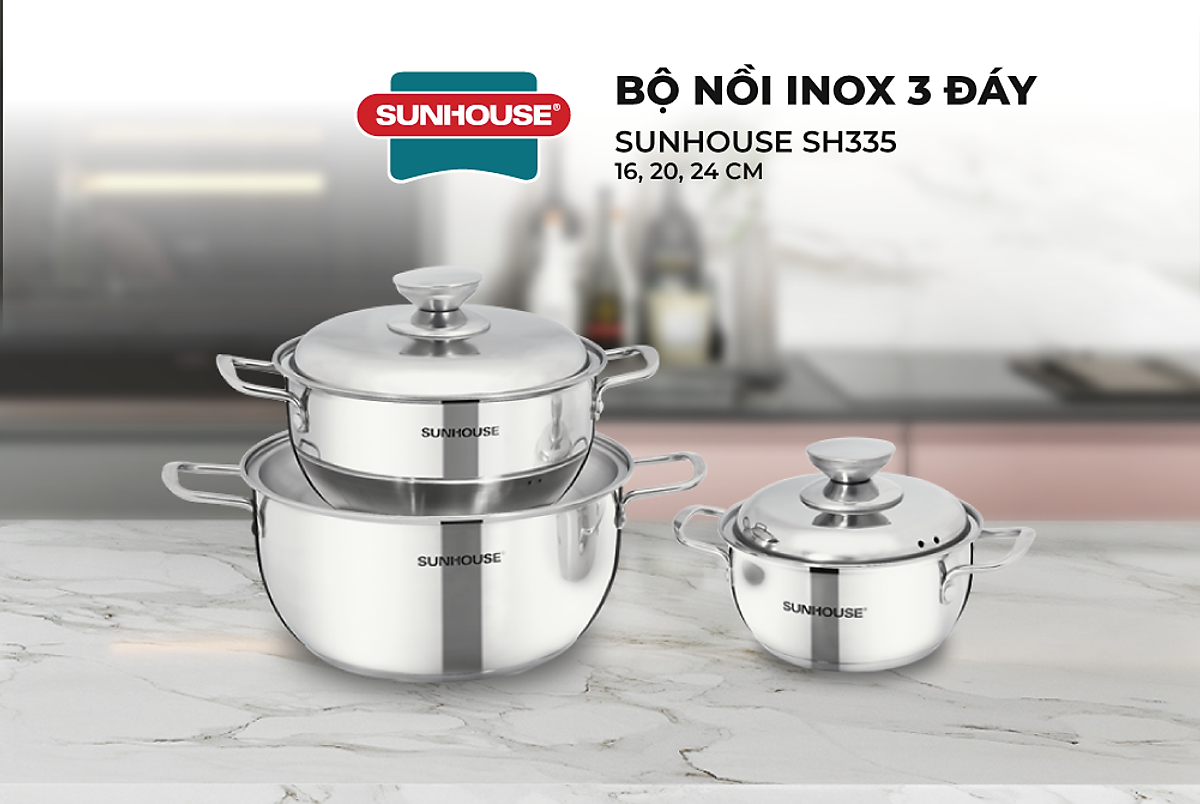 Bộ Nồi Inox 3 Đáy Sunhouse SH335(16cm, 20cm, 24cm ) - Dùng trên mọi loại bếp - Hàng chính hãng