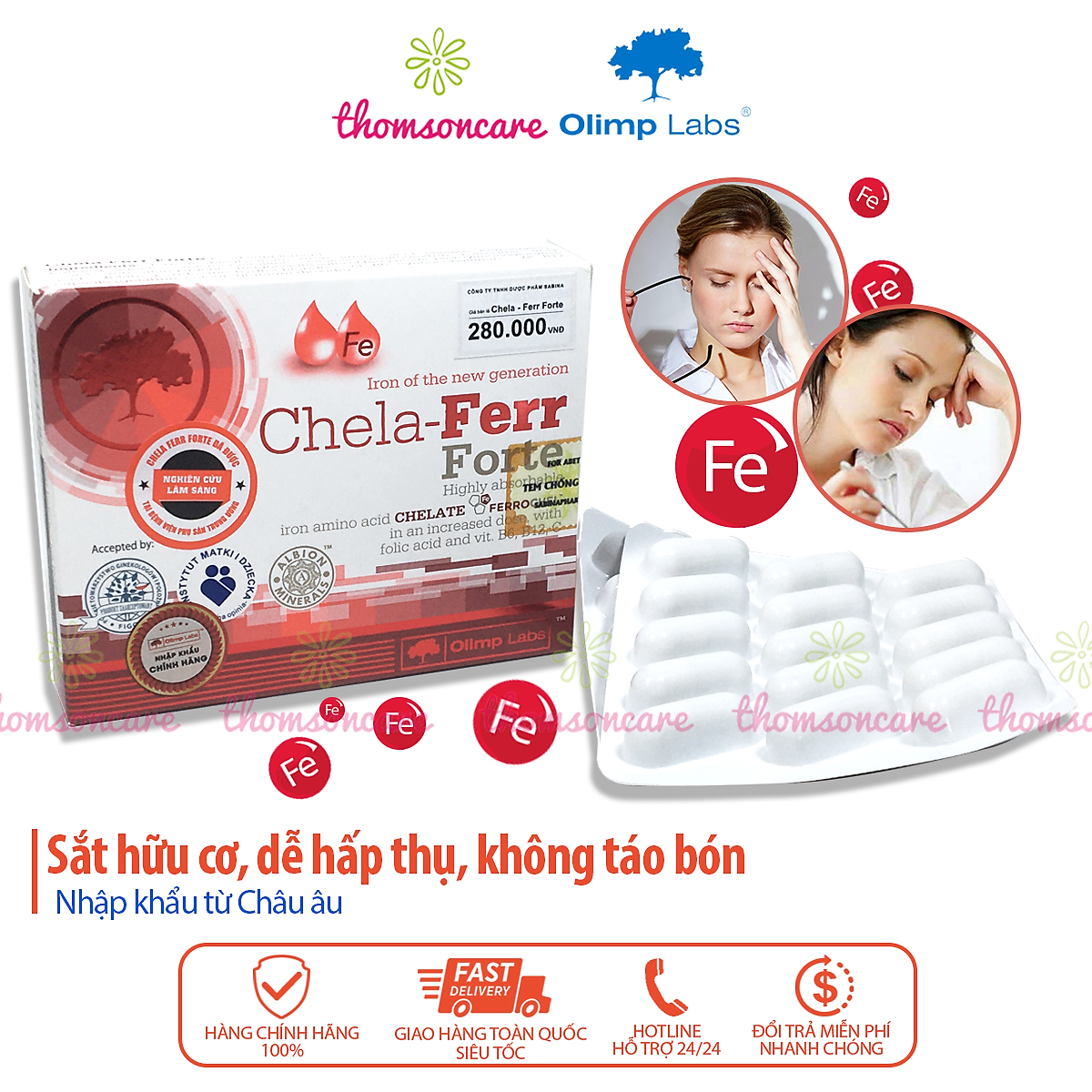 Chela Ferr Forte - Bổ sung sắt hữu cơ, Acid Folic cho bà bầu, người thiếu máu - Dễ hấp thụ, không gây táo bón - Nhập khẩu chính hãng