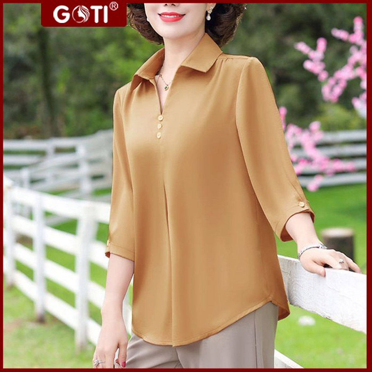 GOTI - ÁO KIỂU TRUNG NIÊN GIẤU BỤNG BIGSIZE DẠNG ÁO SƠ MI TRUNG NIÊN NỮ ĐÍNH NÚT CHO MẸ U50 U60 CHO NGƯỜI MẬP 3A01