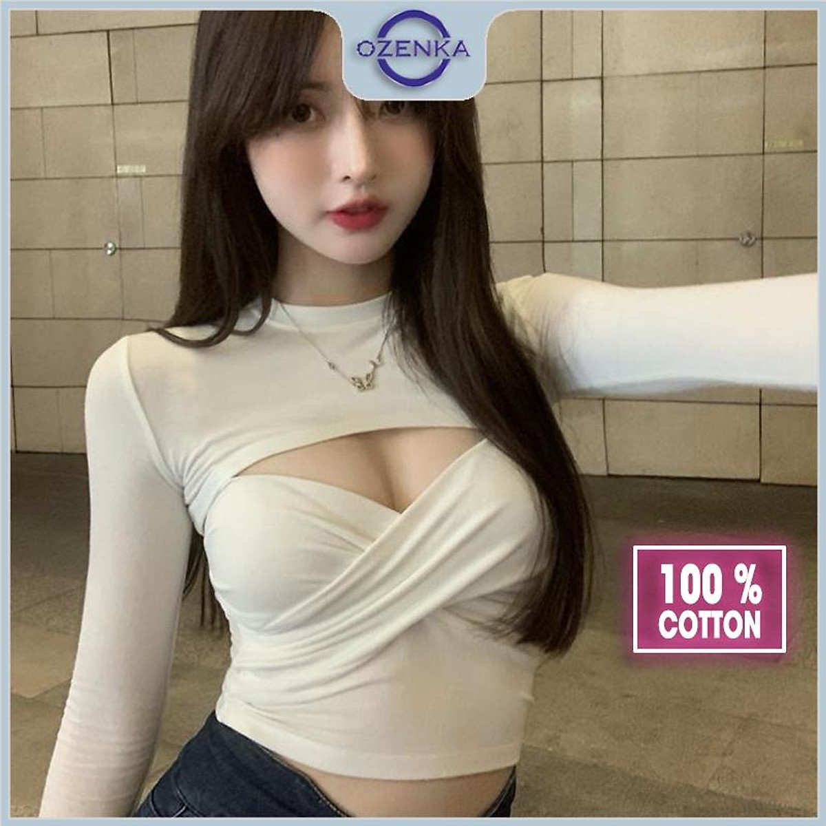 Áo croptop tay dài ôm body khoét ngực gợi cảm OZENKA , crt cổ tròn trắng đen thun cotton 100% đẹp mềm mịn mát dưới 55kg