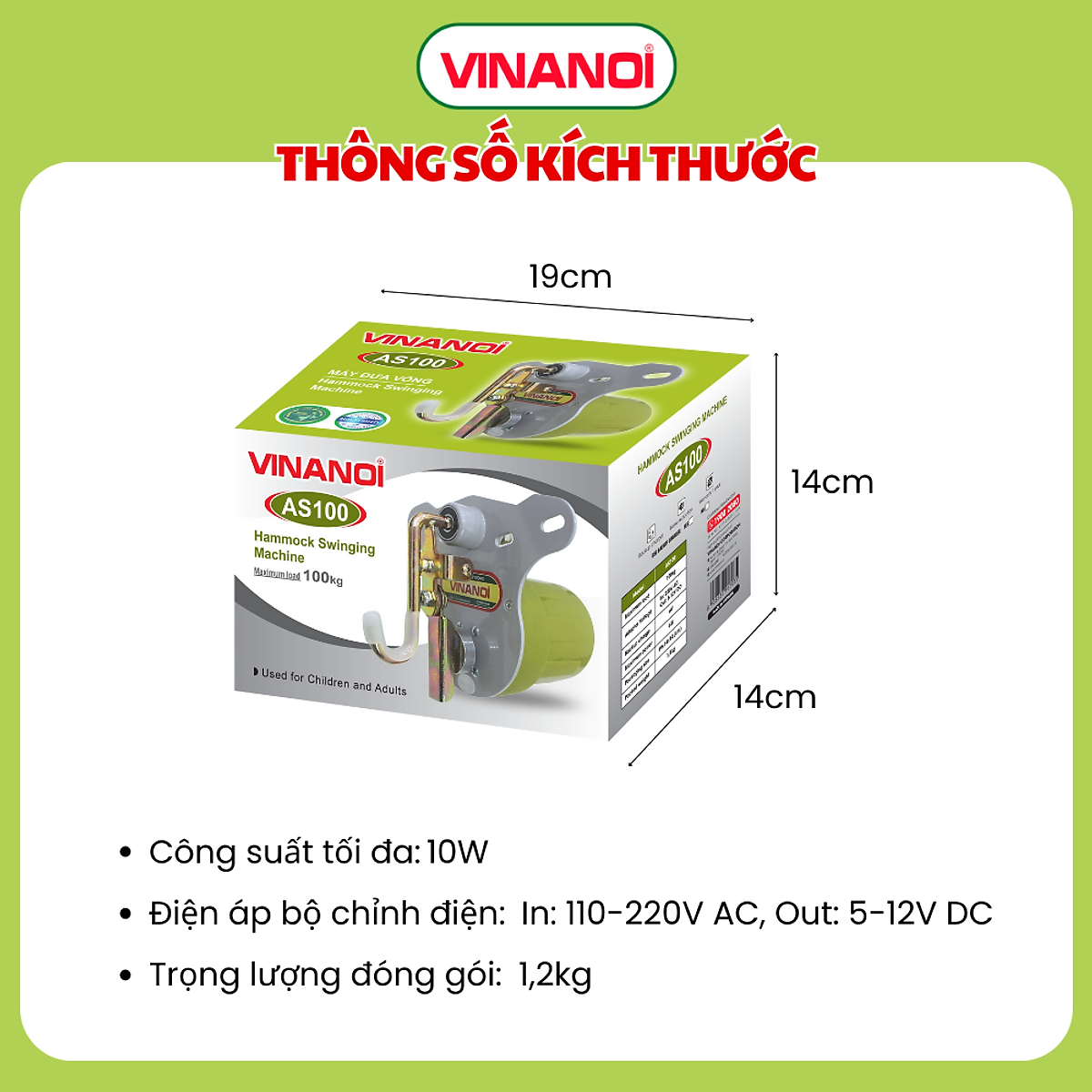 Máy Đưa Võng Tự Động Cao Cấp Vinanoi Asanta AS100 - Sức Đưa 100 Kg Cho Cả Mẹ Và Bé, Dùng Điện 110-220v và pin sạc dự phòng