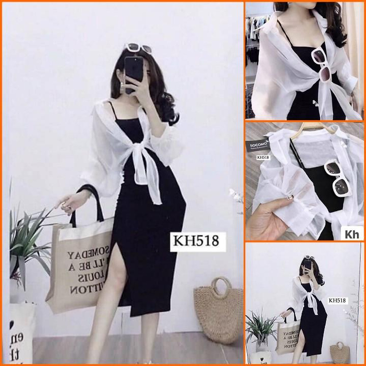 Set váy 2 dây body & áo sơ mi choàng