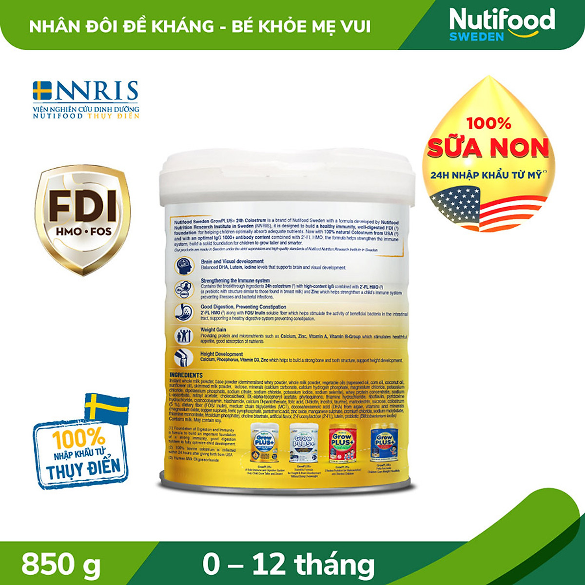 Sữa bột GrowPLUS+ Vàng - Sữa non tăng đề kháng 0-12 tháng Lon 850g