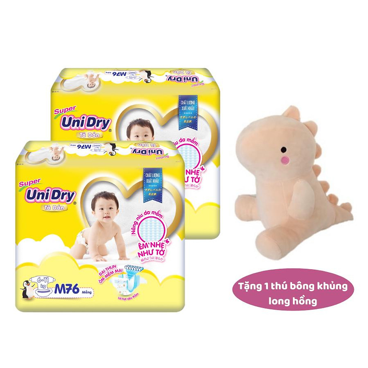 Combo 2 Tã Dán UniDry Super Gói Đại M76 (76 miếng/Gói) - Tặng 1 thú bông khủng long hồng