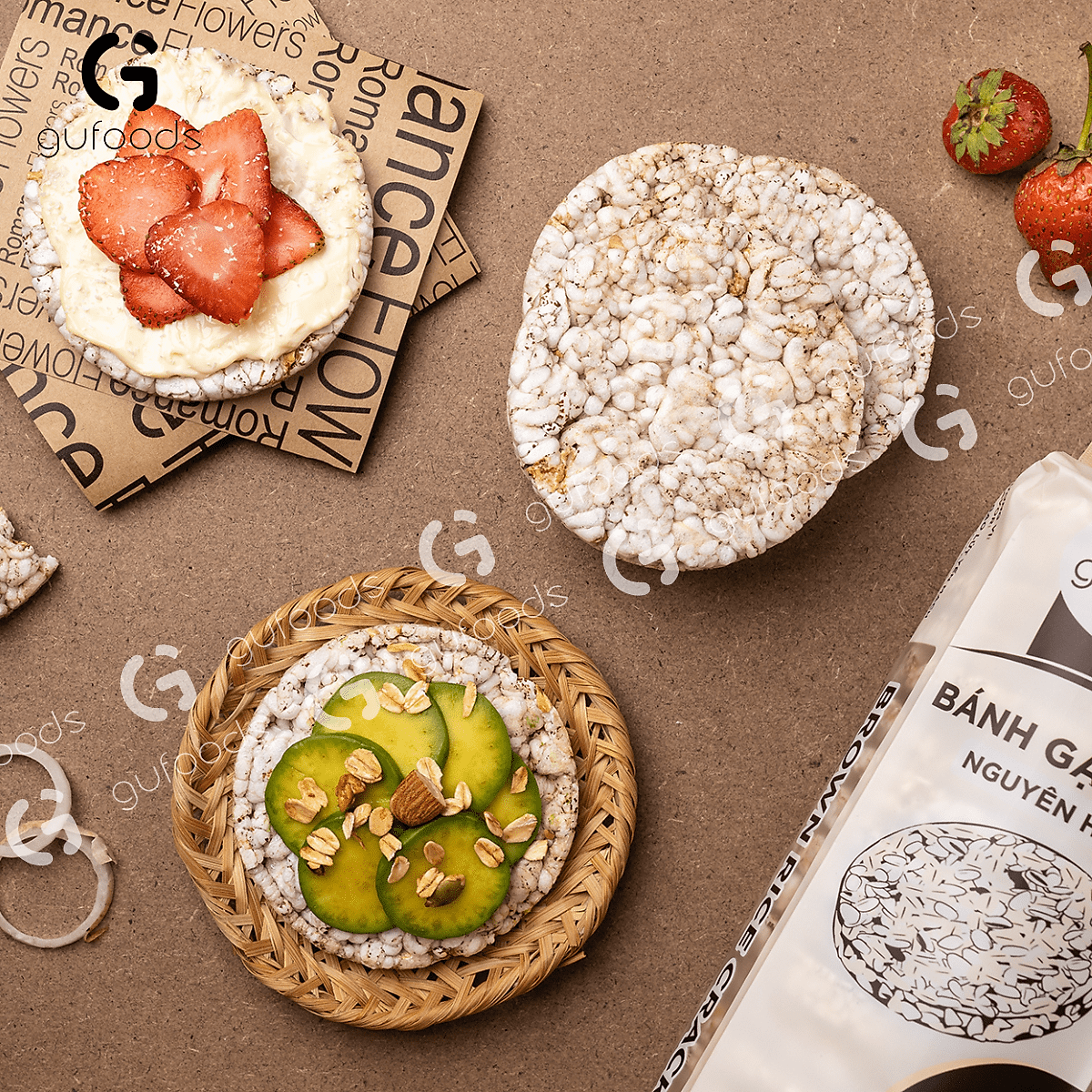 Bánh gạo lứt nguyên hạt ăn kiêng GUfoods (Gói 510g=54 bánh) - Không chiên dầu, Phù hợp Eat clean, Ăn vặt healthy, Thực dưỡng, Tập Gym, Giảm cân