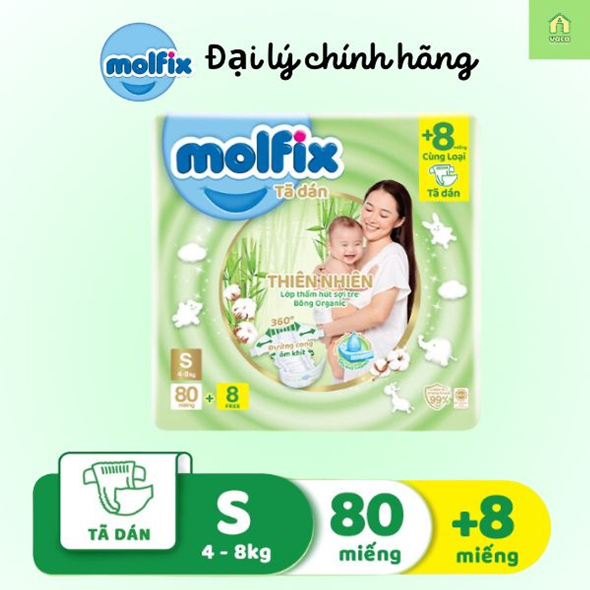 Tã/bỉm dán Molfix Thiên nhiên Super Jumbo S (4kg - 8kg) - Gói 80+8 miếng