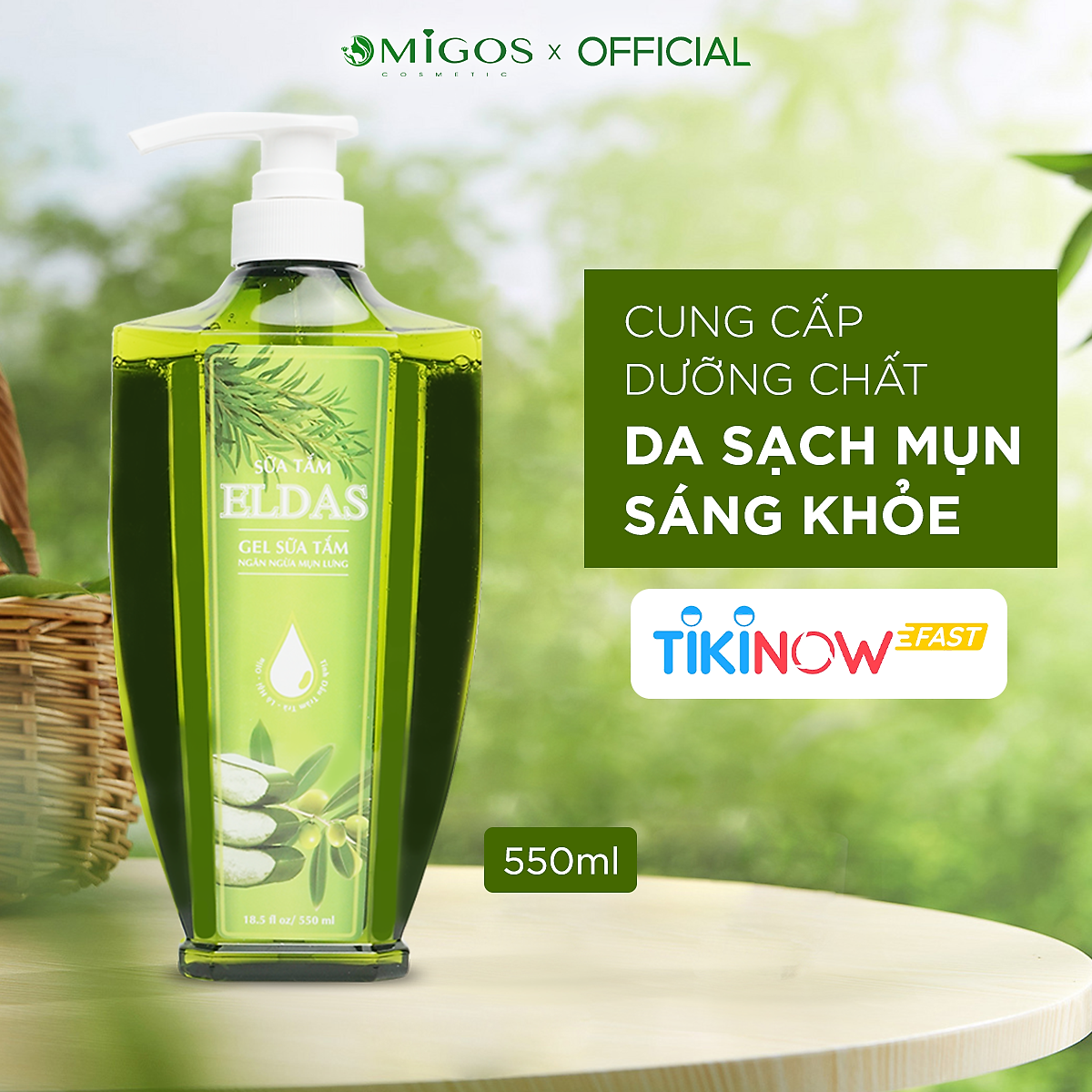 Sữa tắm mụn lưng ELDAS, sữa tắm giảm viêm nang lông, tinh chất TRÀM TRÀ KHỔ QUA diệt khuẩn ngăn ngừa mụn cơ thể 550ml
