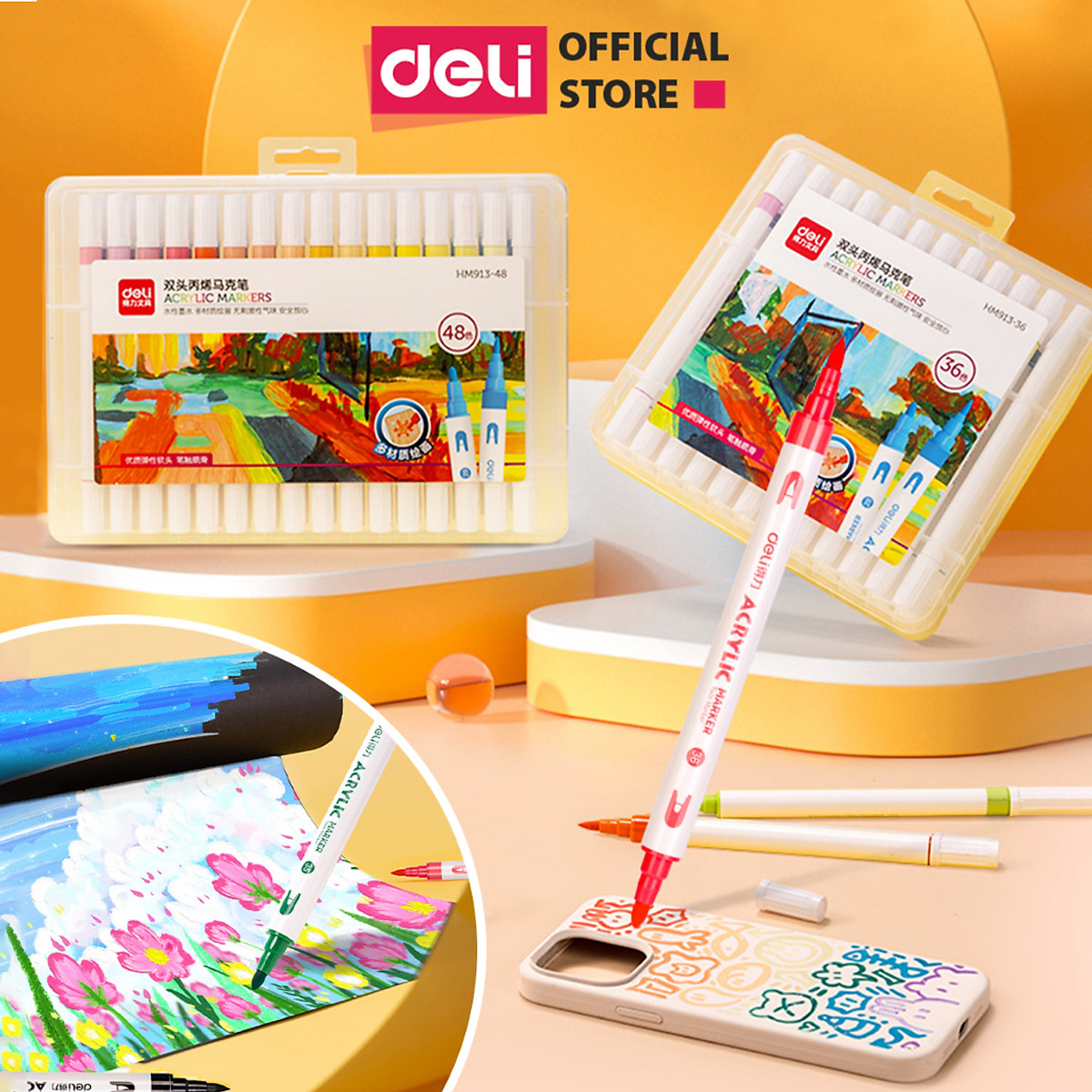 Bút Sơn Acrylic Marker 2 Đầu Cao Cấp Deli - Kèm Hộp Nhựa - 12/24/36/48 Màu Đậm, Đều - Tô Màu Đi Nét DIY Vẽ Giày Quần Áo