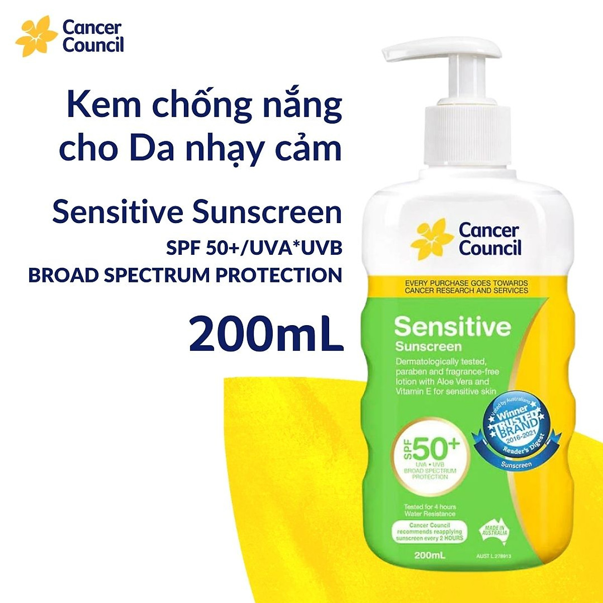 Mua Kem chống nắng dành cho da nhạy cảm Cancer Council Sensitive SPF50+/PA+++ 200ml tại Oceania