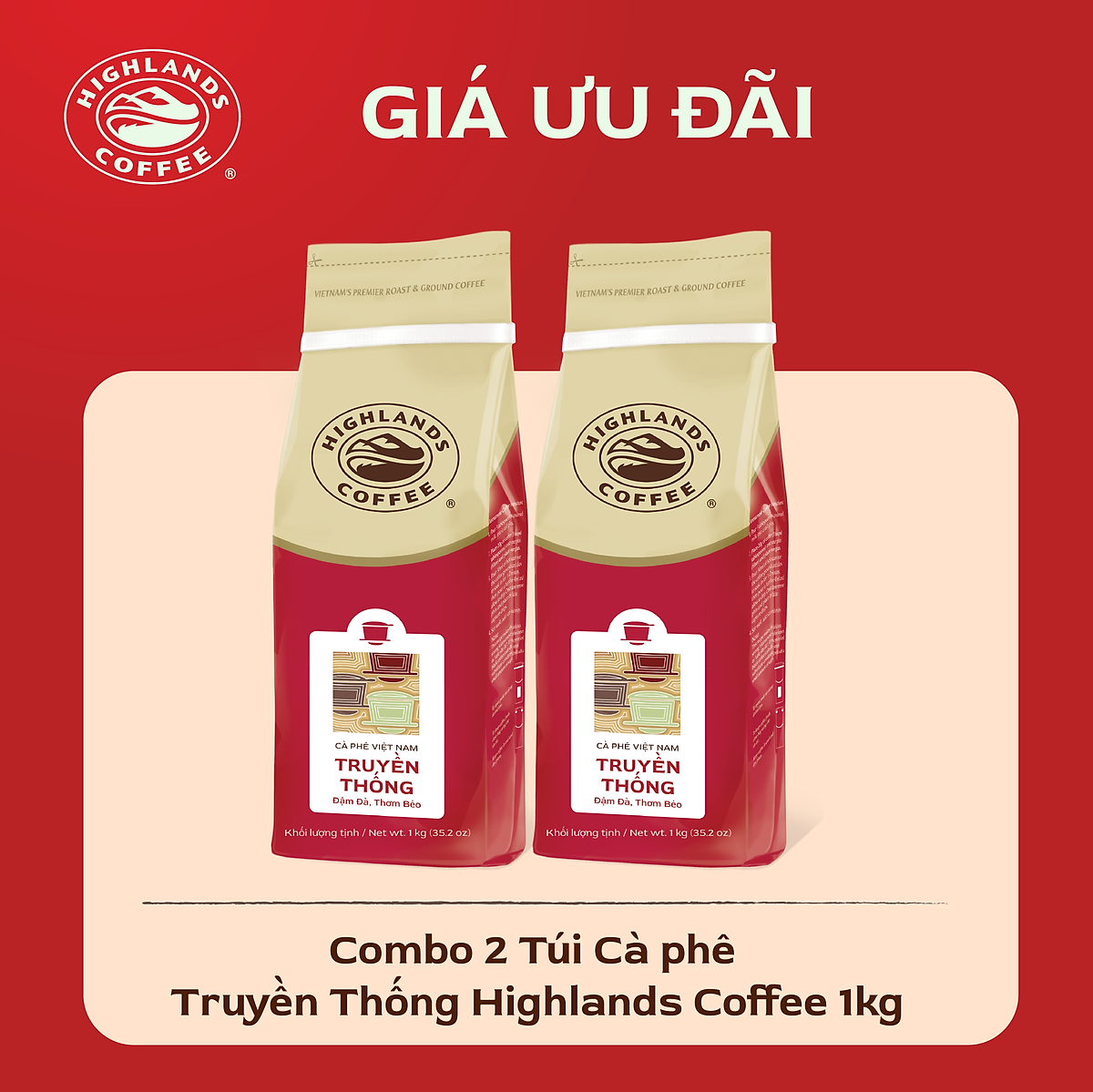 Combo 2 Túi Cà Phê Rang Xay Truyền Thống Highlands Coffee 1Kg