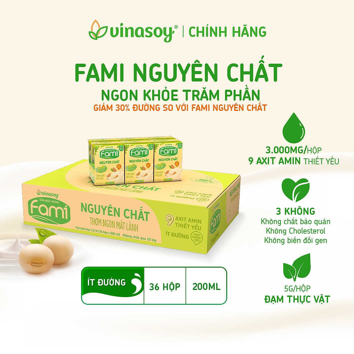 Thùng Sữa đậu nành Fami Nguyên Chất ít đường (200ml x 36 Hộp)
