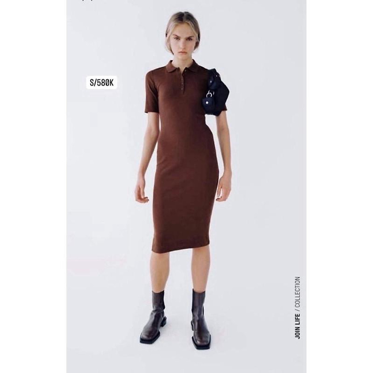BÁN SỈ- VÁY MIDI TAY LỠ CỔ ĐỨC KHUY CÀI