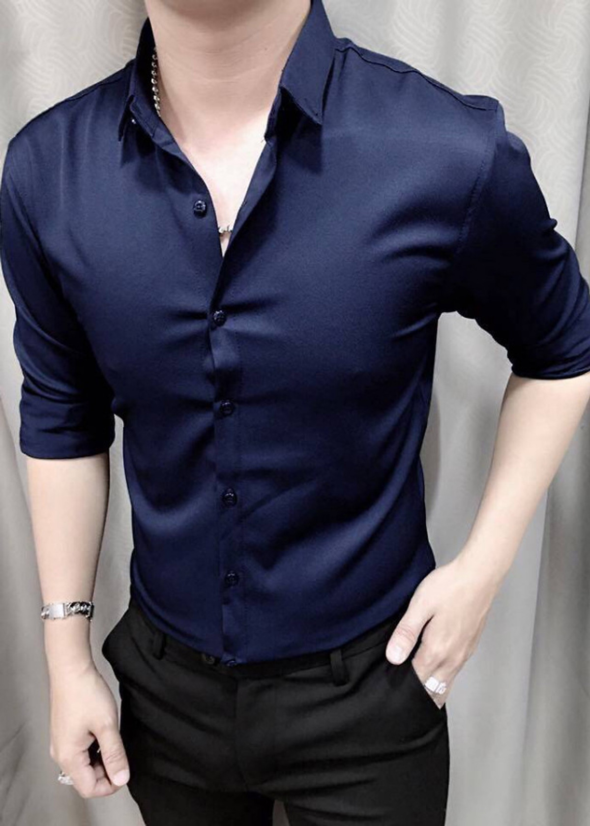 Áo Sơ Mi Lụa Trơn Lụa Dài Tay Cho Nam Sáng Bóng Nút Bạc #4 Áo Sơ Mi Lụa Trơn Lụa Dài Tay Cho Nam Sáng Bóng Nút Bạc