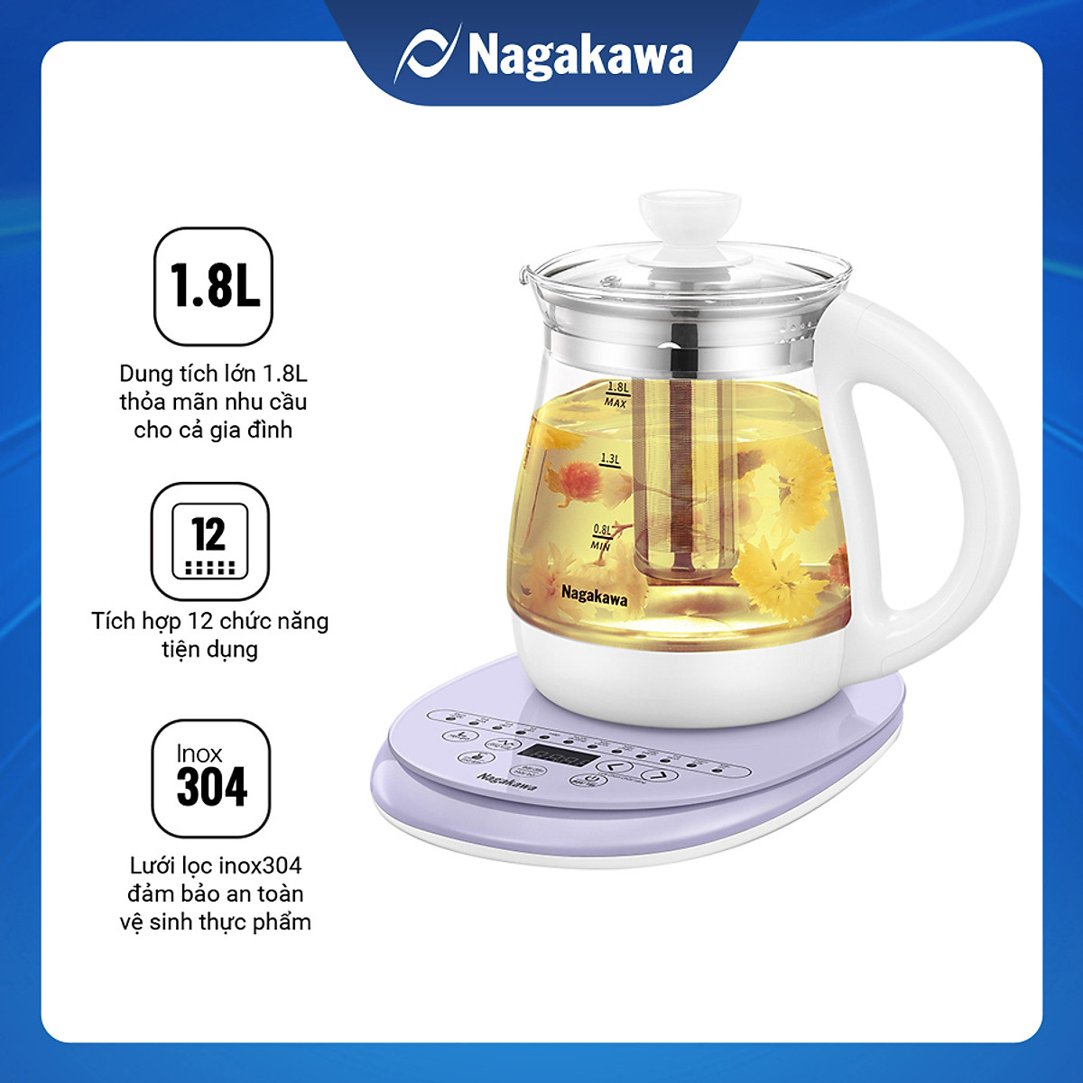Ấm siêu tốc thủy tinh đa năng Nagakawa NAG0316 (1.8 Lít) - Hàng chính hãng