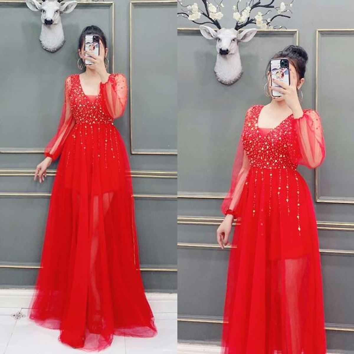 Đầm maxi dự tiệc sang trọng tay dài lưới kết cườm TRIPBLE T DRESS - size M/L ( ảnh mẫu chụp thật ) MS142V