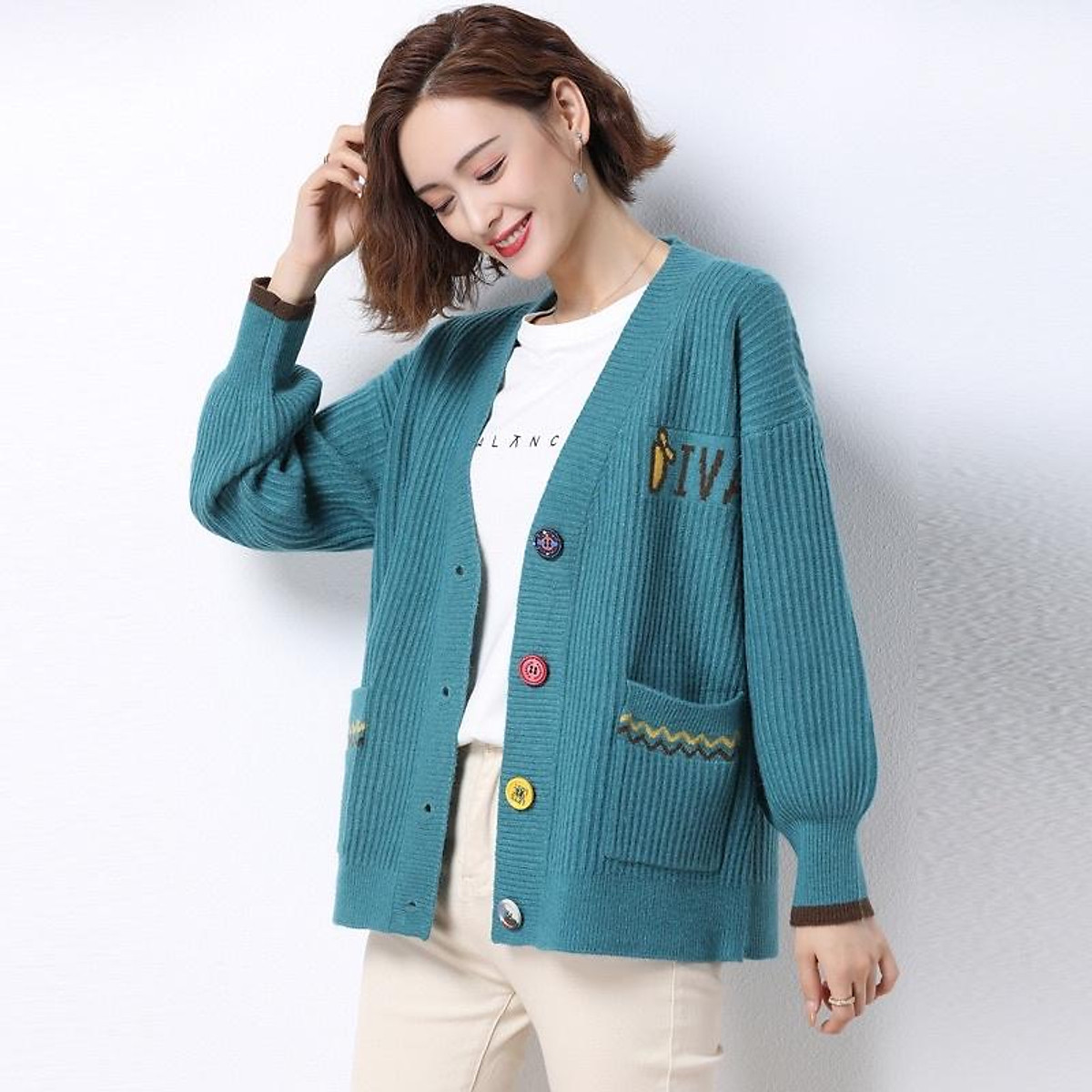 Áo khoác len nữ cardigan cổ V, áo len nữ phối viền cá tính Áo Khoác Len Nữ Cardigan Cổ V, Áo Len Nữ Phối Viền Cá Tính