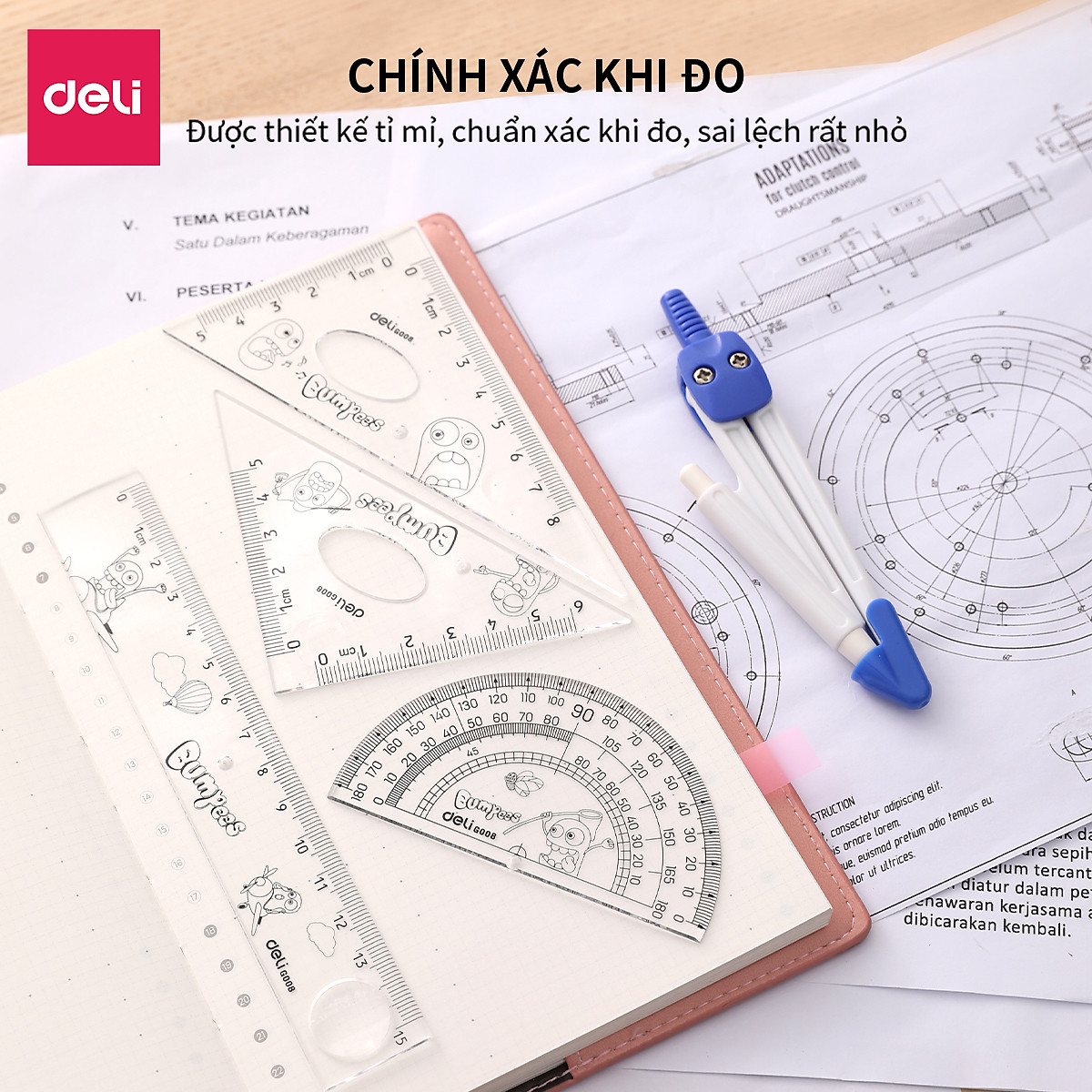 Bộ Dụng Cụ Đo Deli, Trong Suốt Gồm 5 Dụng Cụ/Hộp - E9598