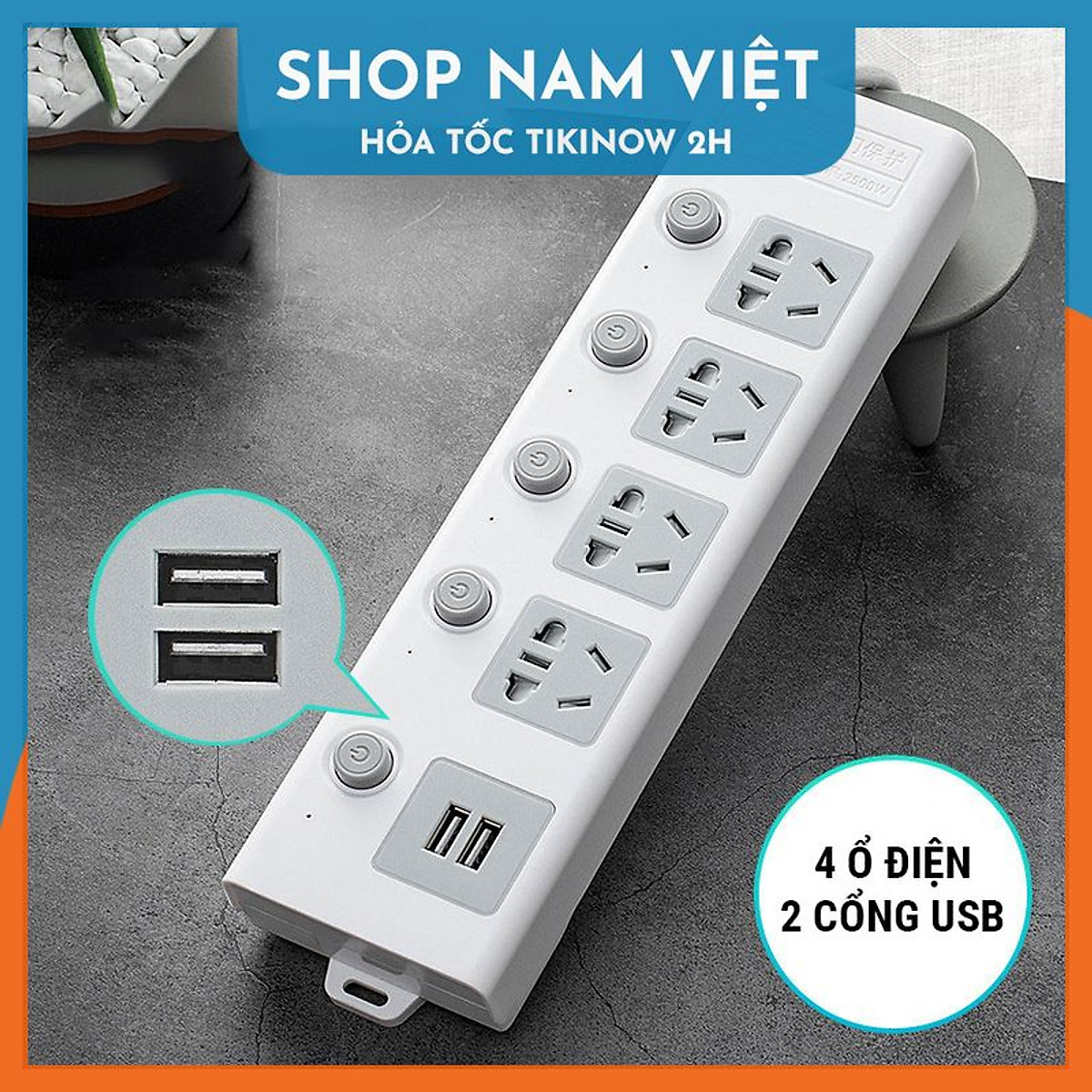 Ổ Cắm Điện Kèm Cổng USB Công Tắc Riêng Chịu Tải 2500W, Chống Giật, Chống Cháy