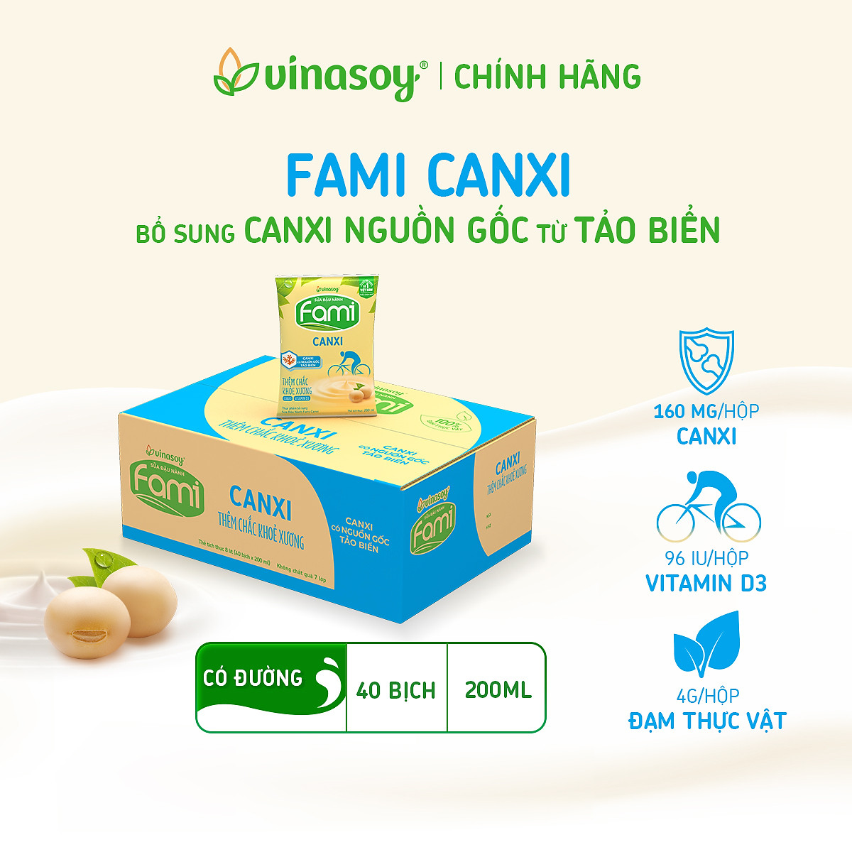 Thùng Sữa Đậu Nành Fami Canxi Nguyên vị (200ml x 40 Bịch)