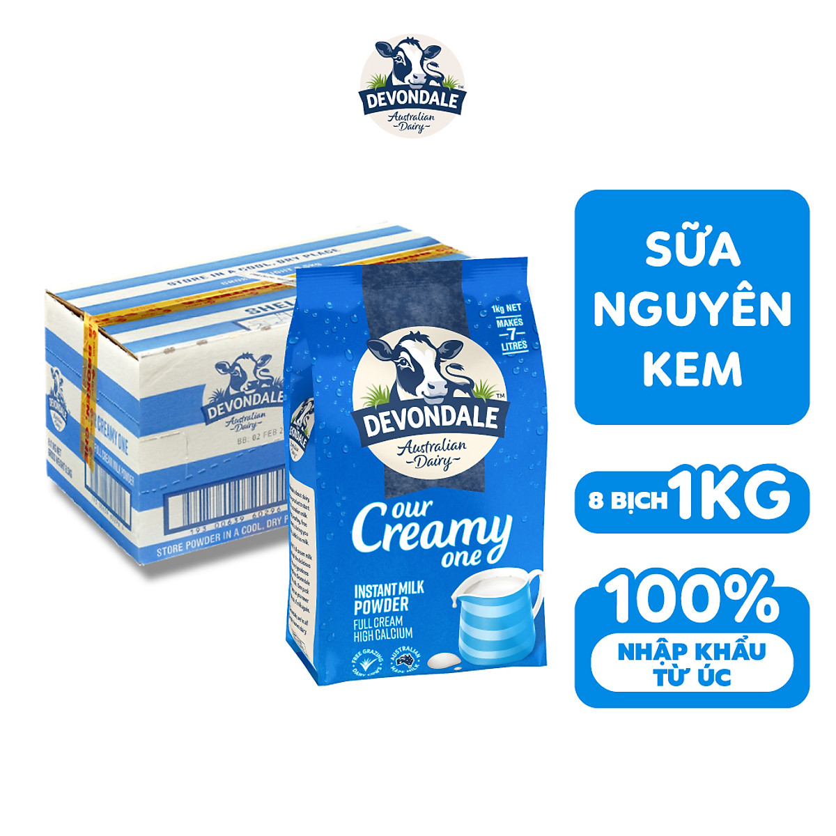Thùng 8 Bịch Sữa Bột Full Cream Devondale (1Kg / Túi)