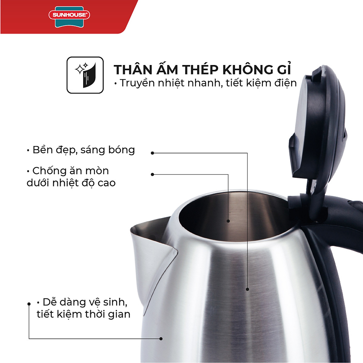 Ấm Siêu Tốc Inox Sunhouse SHD1186 - 1.8L - Hàng chính hãng