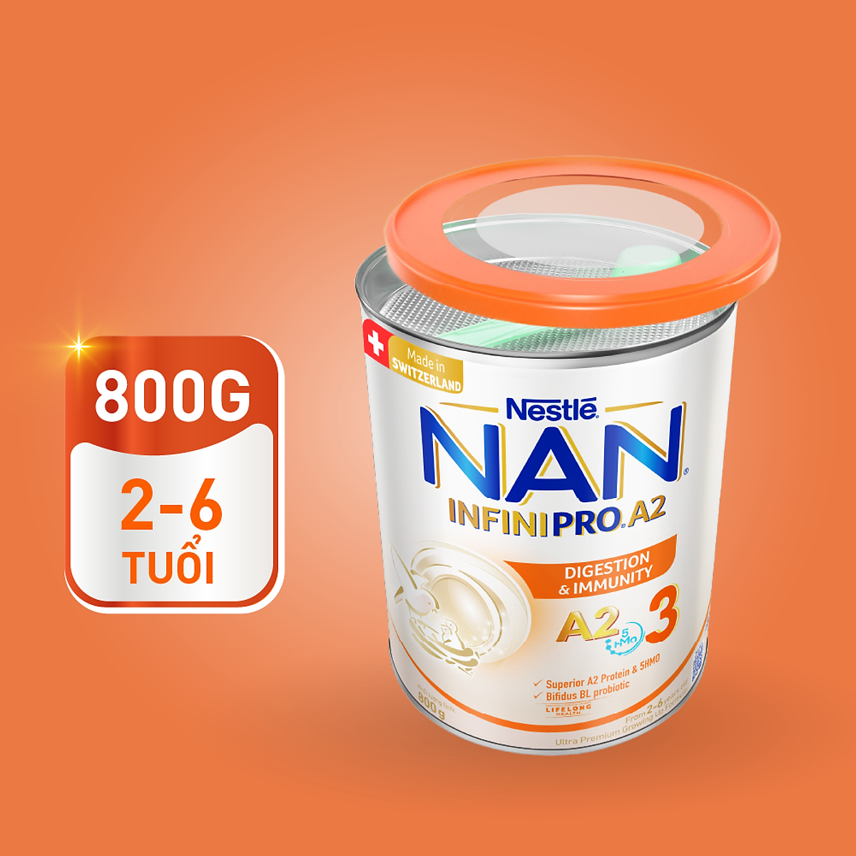 Sữa bột NAN INFINIPRO A2 800g Thụy Sĩ 3 với đạm quý A2 tiêu hóa tốt sau 7 ngày và 5HMO tăng cường đề kháng​ (2 - 6 tuổi)
