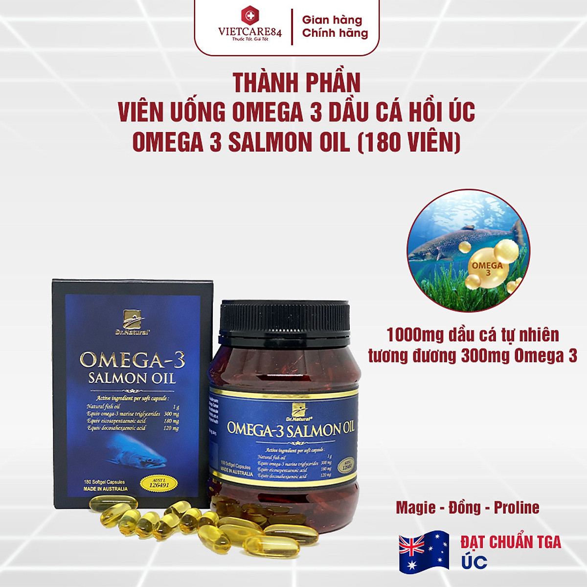Viên uống Omega 3 dầu cá Hồi nhập khẩu chính hãng Úc OMEGA 3 SALMON OIL (180 viên) hỗ trợ giảm mỡ máu, giảm nguy cơ xơ vữa động mạch, cung cấp các chất dinh dưỡng cần thiết cho não bộ, tốt cho mắt