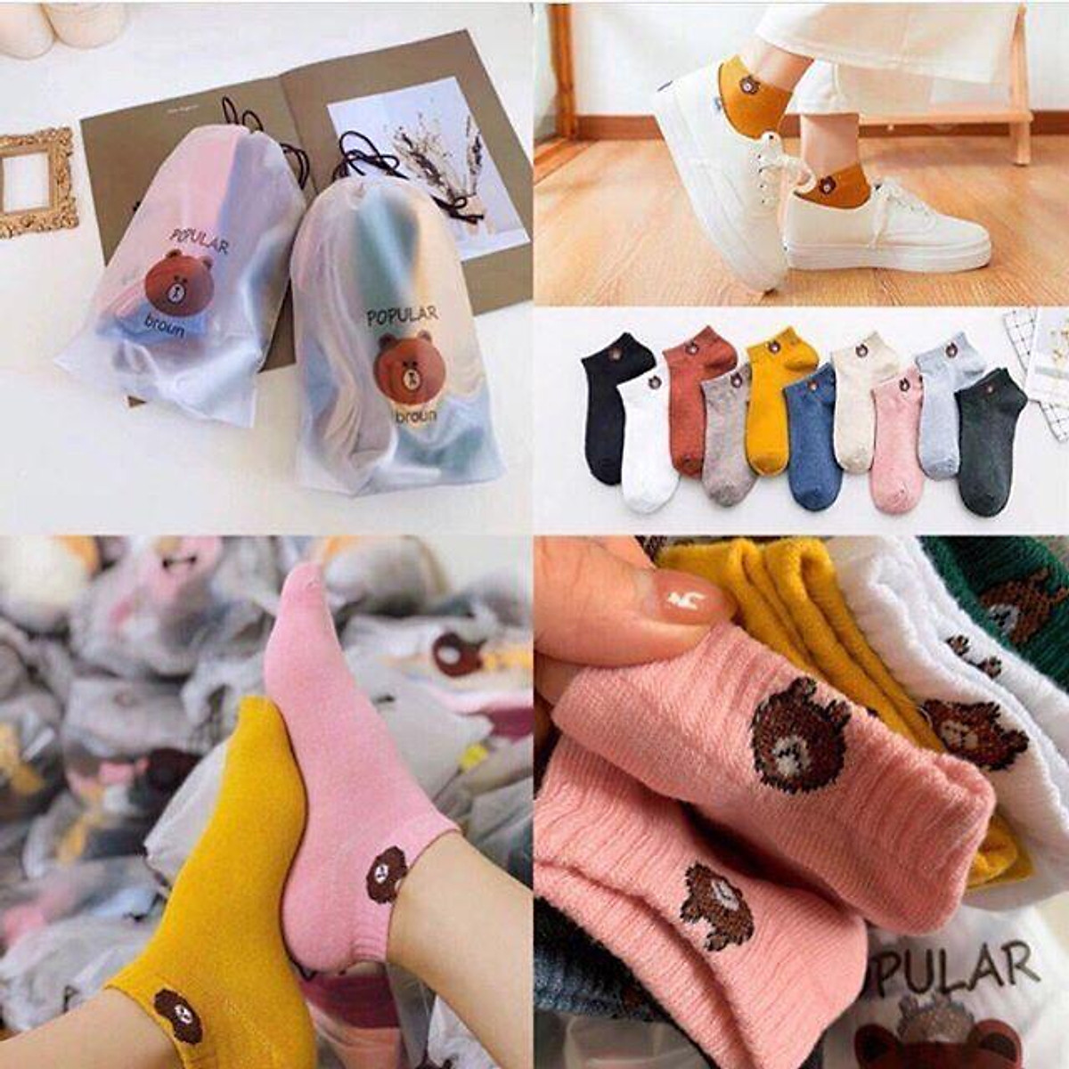 ( Ảnh Thật ) Set 2 Đôi Tất , Vớ Nữ Ulzzang Trơn Cổ Ngắn, Vớ Tất Cổ Thấp Hình Gấu Brown Nhiểu Mầu