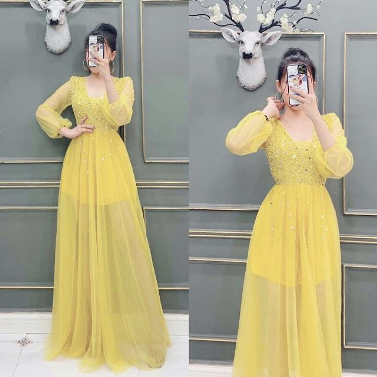 Đầm maxi dự tiệc sang trọng tay dài lưới kết cườm TRIPBLE T DRESS - size M/L ( ảnh mẫu chụp thật ) MS142V