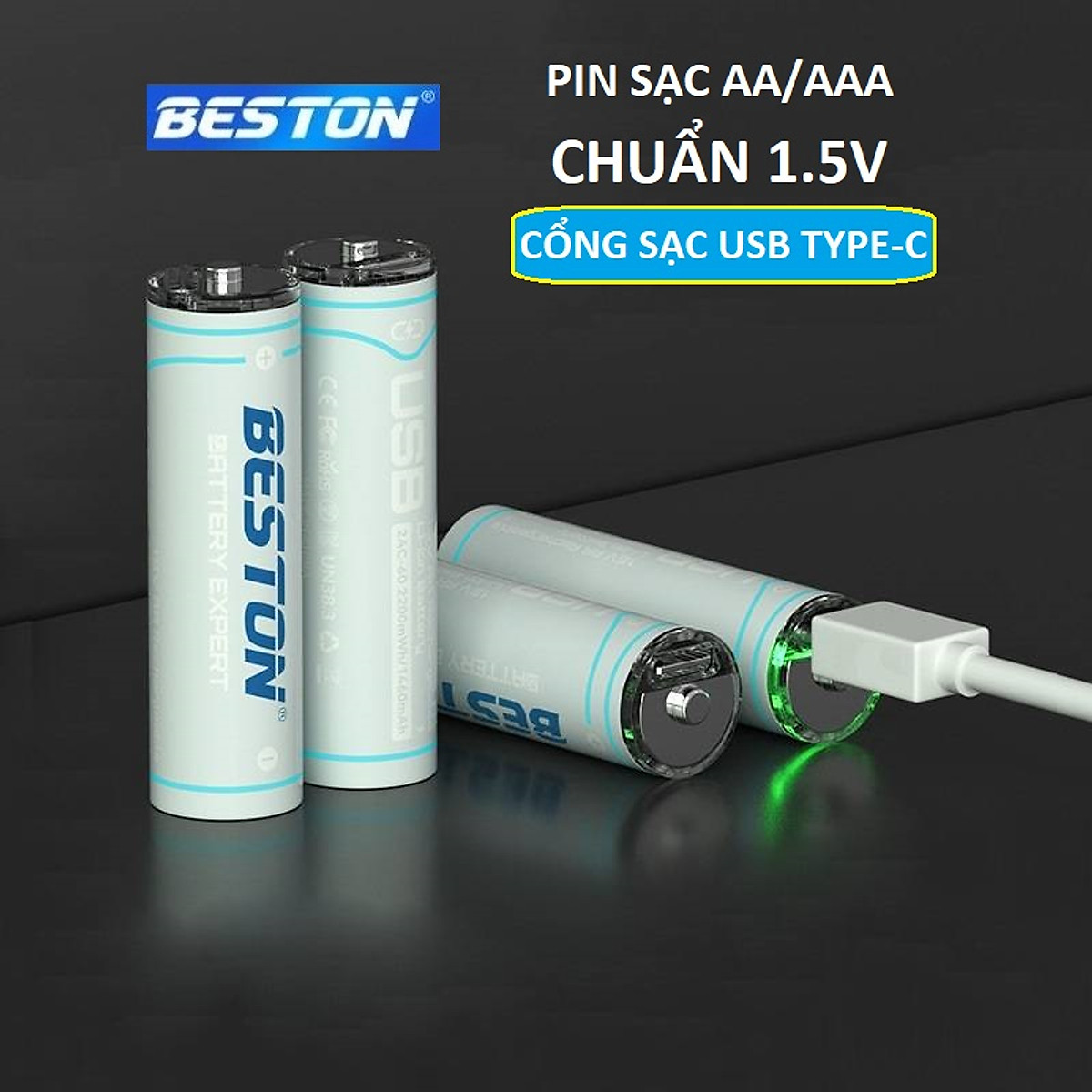 Vỉ 4 Pin sạc AA AAA chuẩn 1.5V Beston Dung lượng cao đến 2200mWh sạc trực tiếp qua cổng USB type-C dùng cho micro, đồ chơi, đồng hồ, máy ảnh - hàng nhập khẩu
