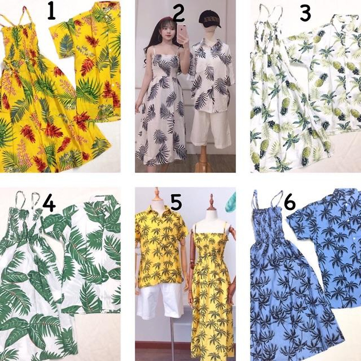 Áo sơ mi đũi hoa lá đi biển mặc nhóm - cây dừa vàng