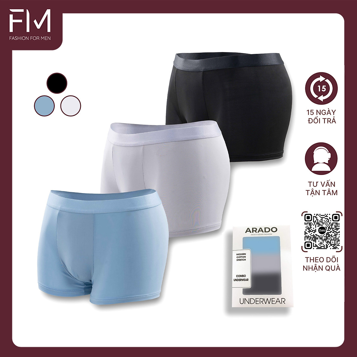 Combo 3 quần lót boxer trơn, chất thun mềm mịn thấm hút mồ hôi tốt, co giãn tốt, - FORMEN SHOP - FMQS018