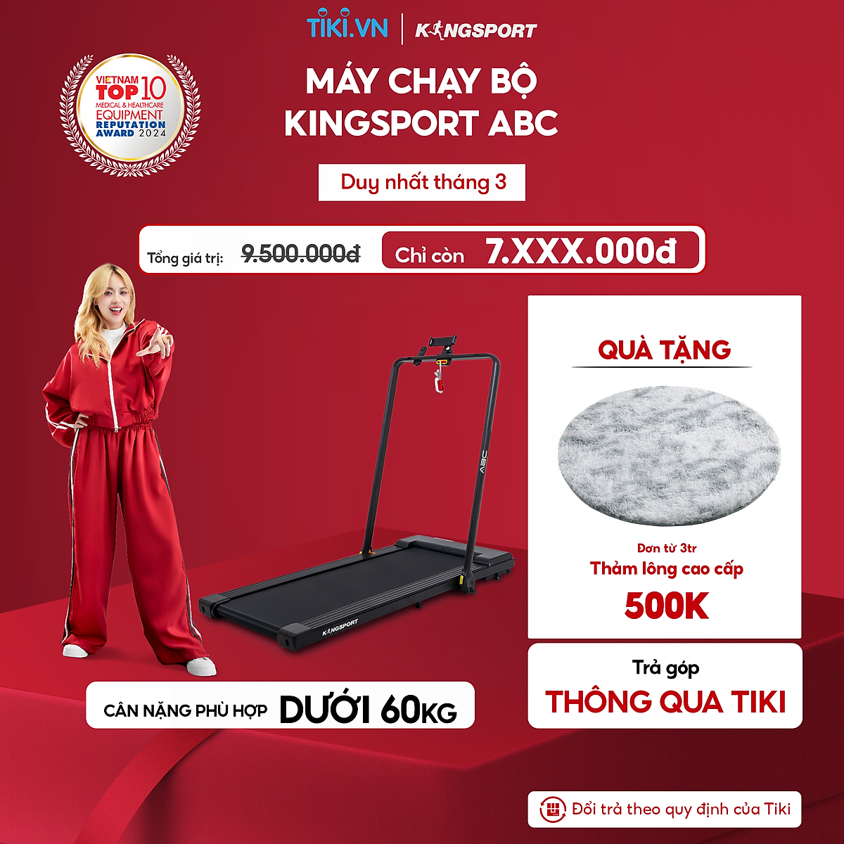 Máy chạy bộ KINGSPORT ABC thảm chạy kim cương, tốc độ tối đa 8km/h, kèm khóa an toàn, cân nặng phù hợp từ dưới 60kg