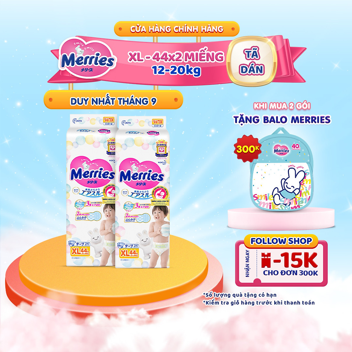 Combo 2 Tã/bỉm dán Merries size XL - 44 miếng (Cho bé 12 - 20 kg)