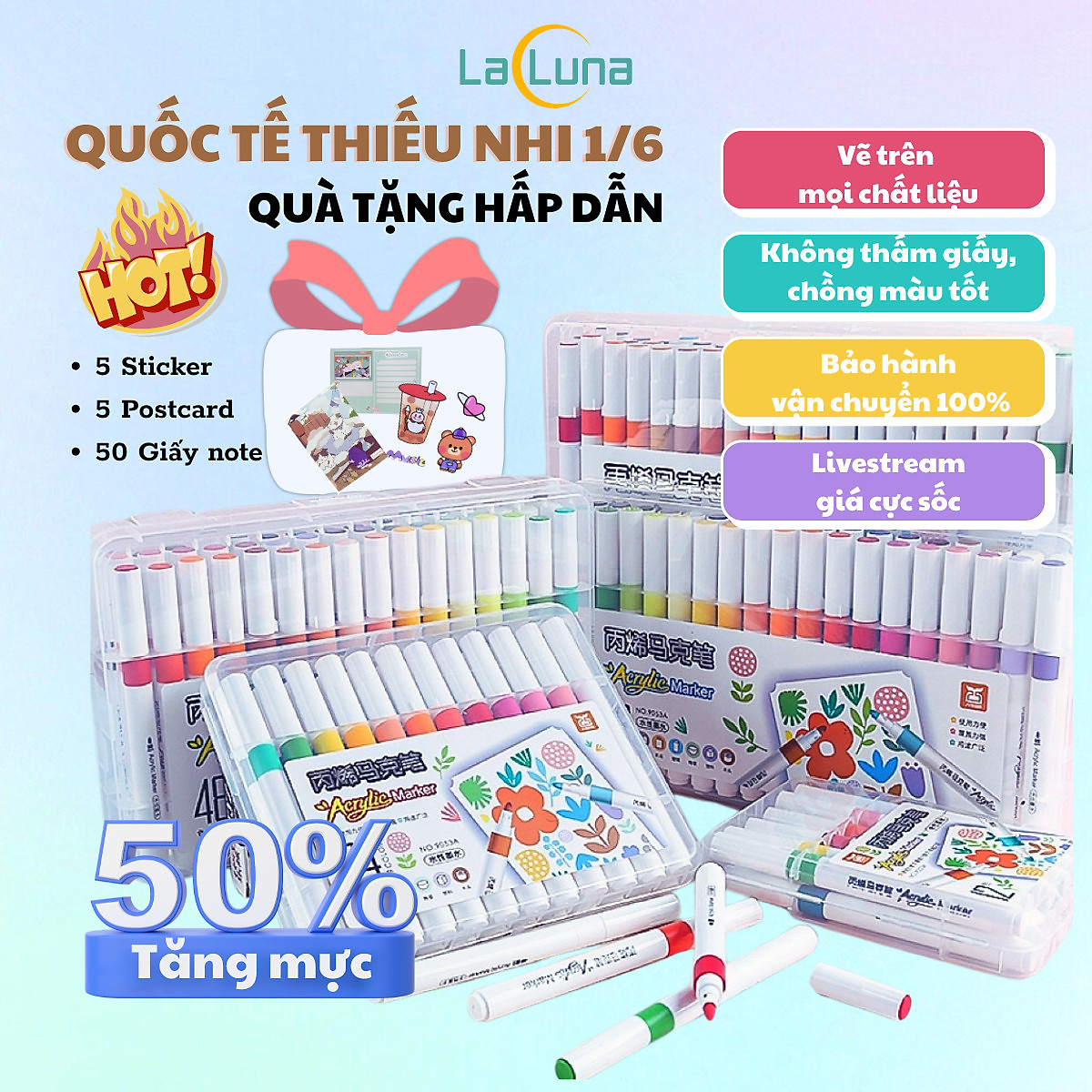 Bút Màu Acrylic Marker sơn đánh dấu Lalunavn nhiều mực hơn 50% bộ 12/24/36/48/60m hộp nhựa xách tiện dụng B196
