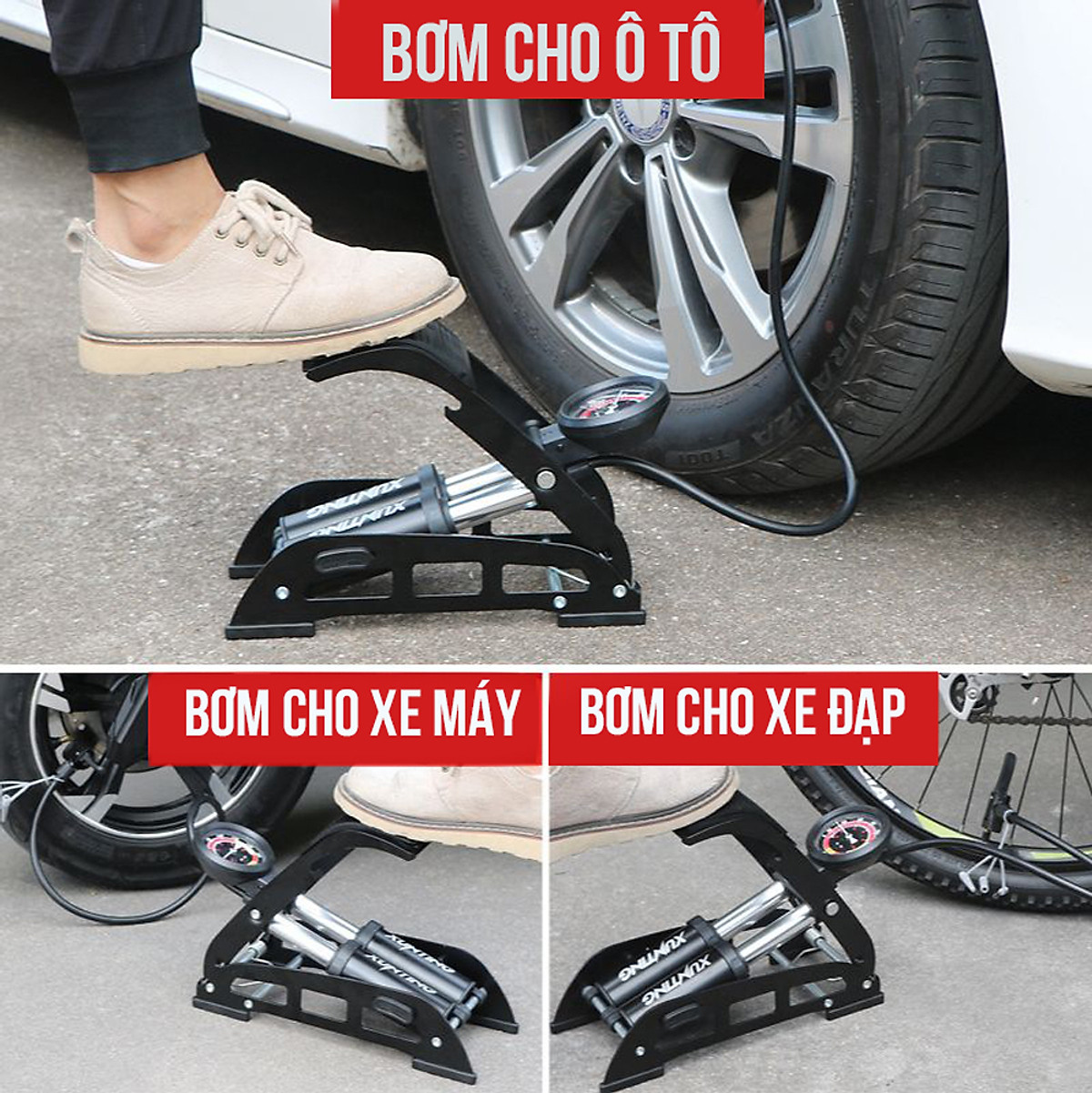 Bơm Đạp Chân 2 Nòng Xilanh 6 Bar 170 PSI Siêu Bơm Chất Lượng Cao Cho Xe Đạp, Xe Máy, Xe Ô tô, Xe Hơi Đa Năng Dễ Dàng Xếp Gọn Và Sử Dụng Tặng Kèm 3 Chốt Chân Lỗ Bơm Super Pump Mai Lee J055B