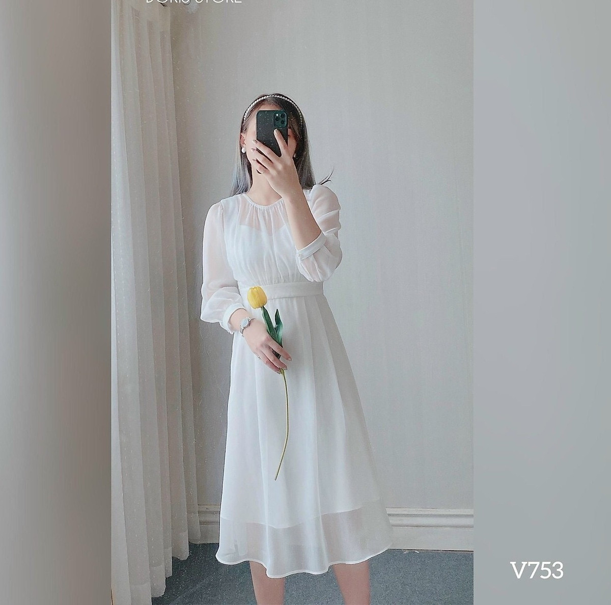 Đầm xoè dài hở vai ngang xếp ly ngực Vàng AlvinStoreVn #13 Đầm xoè dài hở vai ngang xếp ly ngực Vàng AlvinStoreVn