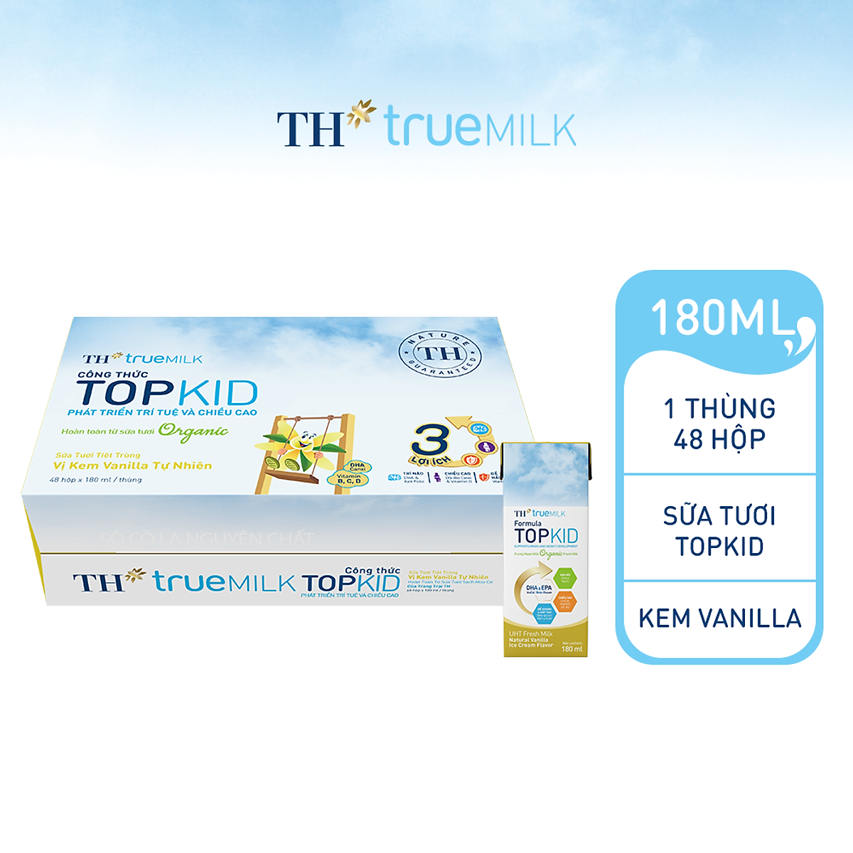 Thùng 48 hộp sữa tươi tiệt trùng TOPKID kem vanilla tự nhiên TH True Milk 180ml (180ml x 48)