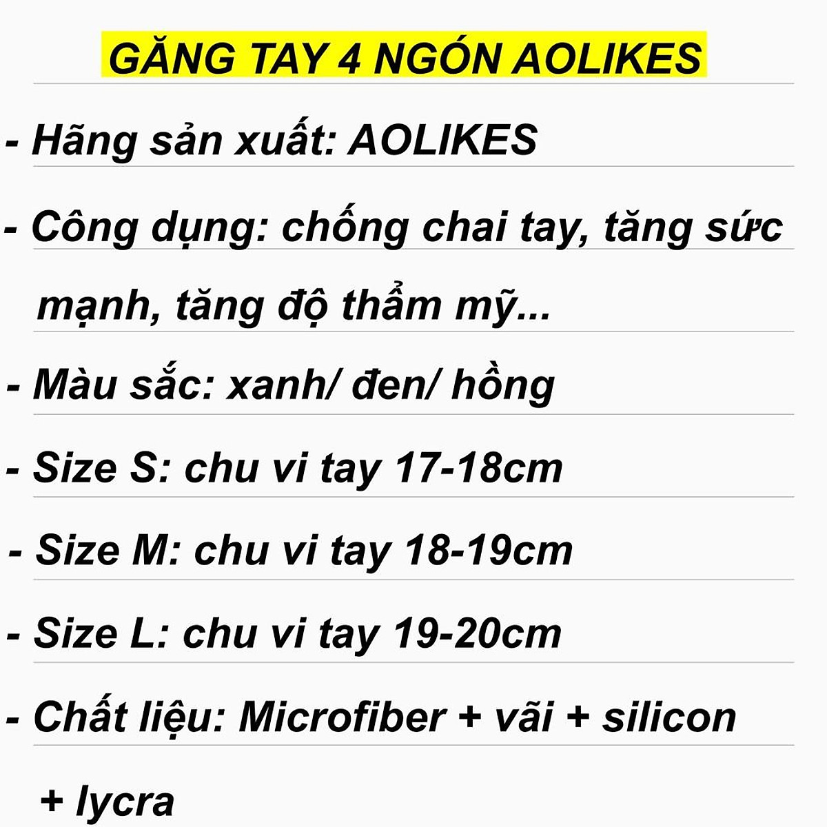 Găng tay hở ngón Aolikes nhỏ gọn, thoải mái, bao tay nữa bàn tập gym thoáng mát