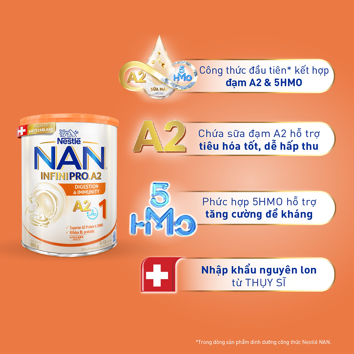 Thùng 6 lon sữa bột Nestlé NAN INFINIPRO A2 1 cho trẻ từ 0-12 tháng tuổi hộp 800g nhập khẩu nguyên lon từ Thụy Sỹ