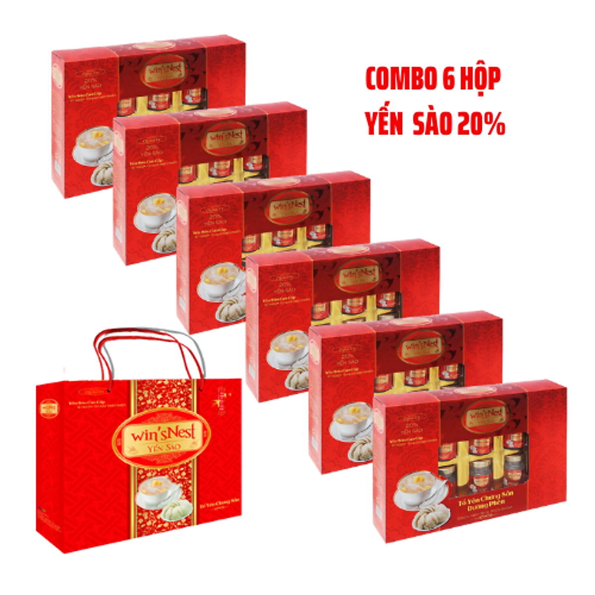 Yến Sào win'sNest Tổ Yến Chưng Sẵn 20% Đường Phèn (6 Lọ/Hộp) kèm túi