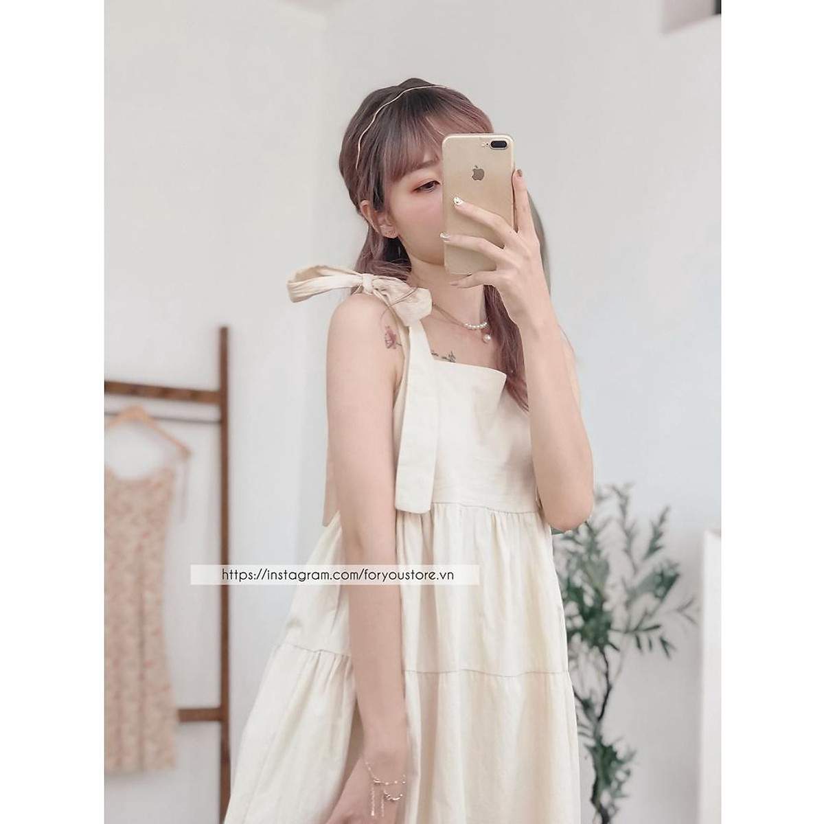Váy hai dây thô đầm nơ vai xinh xắn tiểu thư - VN0064