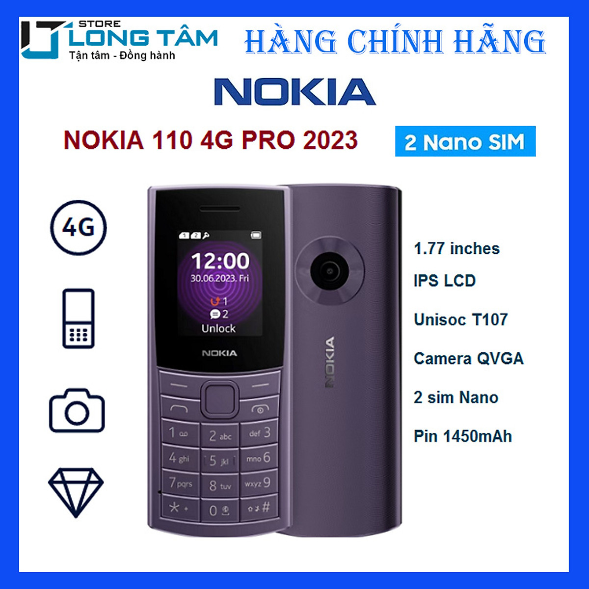 Điện thoại Nokia 110 4G Pro -Kiểu dáng bền bỉ - hiển thị rõ nét- Hàng chính hãng