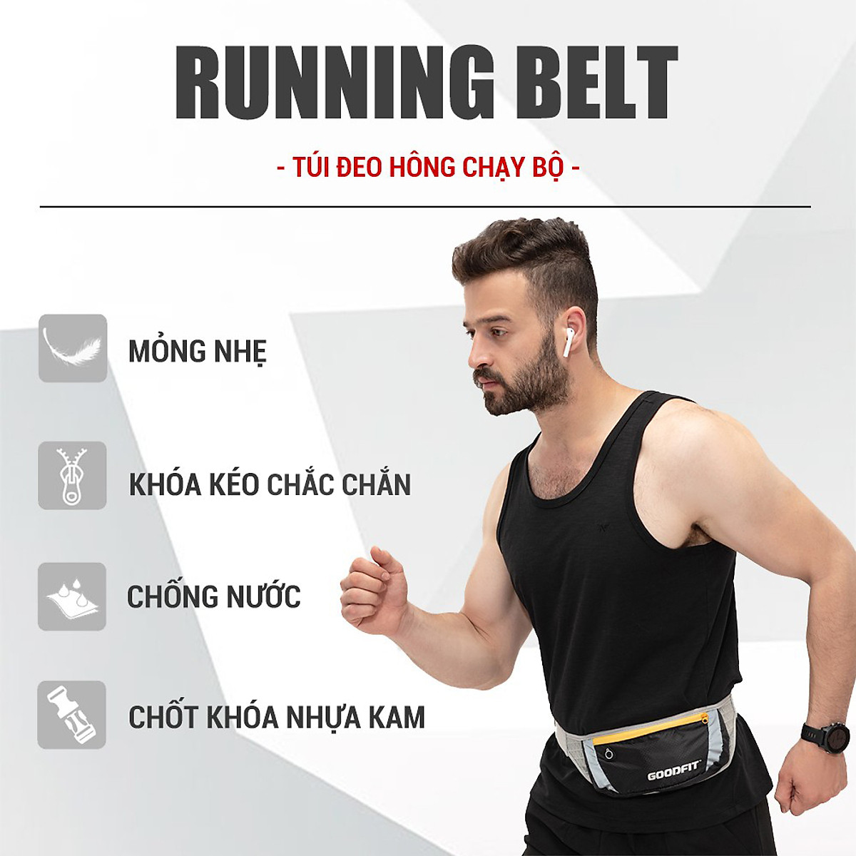 Túi đeo hông, đai chạy bộ nhiều ngăn chống nước, có phản quang Goodfit GF102RB