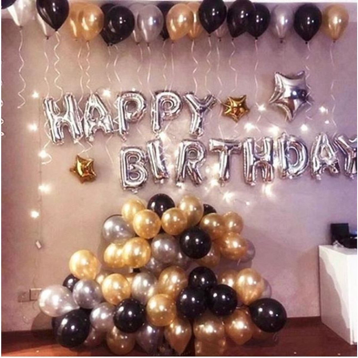 Set Bóng Trang Trí Sinh Nhật Happy Birthday Kèm Đèn Led MS56 Tông Màu Vàng  Bạc