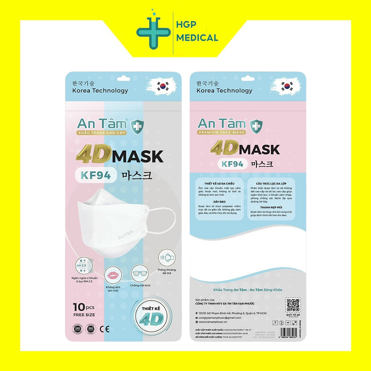 Khẩu trang KF94 - 4D An Tâm, không xù lông, dễ thở, ko đứt dây, nhiều màu ( 10 cái/túi)