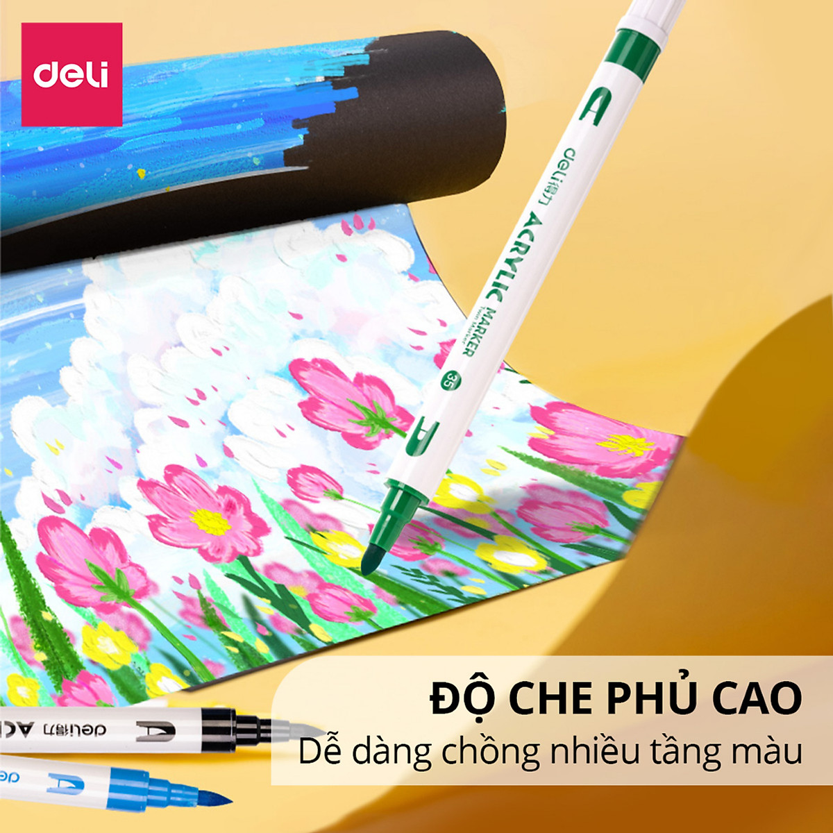 Bút Sơn Acrylic Marker 2 Đầu Cao Cấp Deli - Kèm Hộp Nhựa - 12/24/36/48 Màu Đậm, Đều - Tô Màu Đi Nét DIY Vẽ Giày Quần Áo