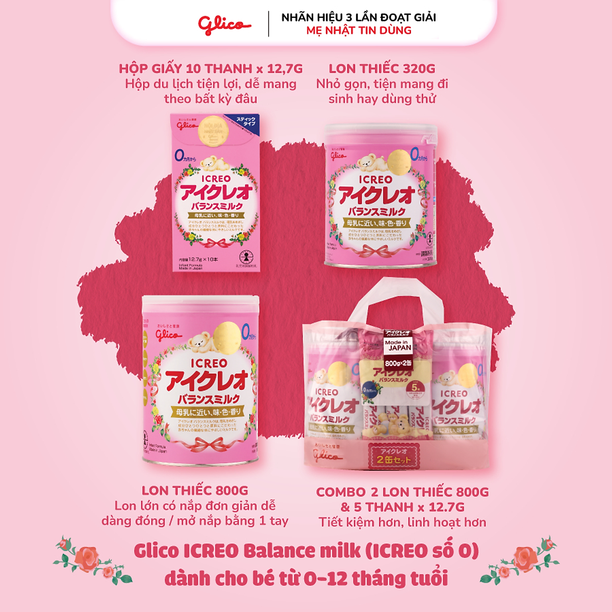 Sữa Bột Glico Icreo Balance Milk 0M 800g/Lon Cho Bé 0-12 tháng